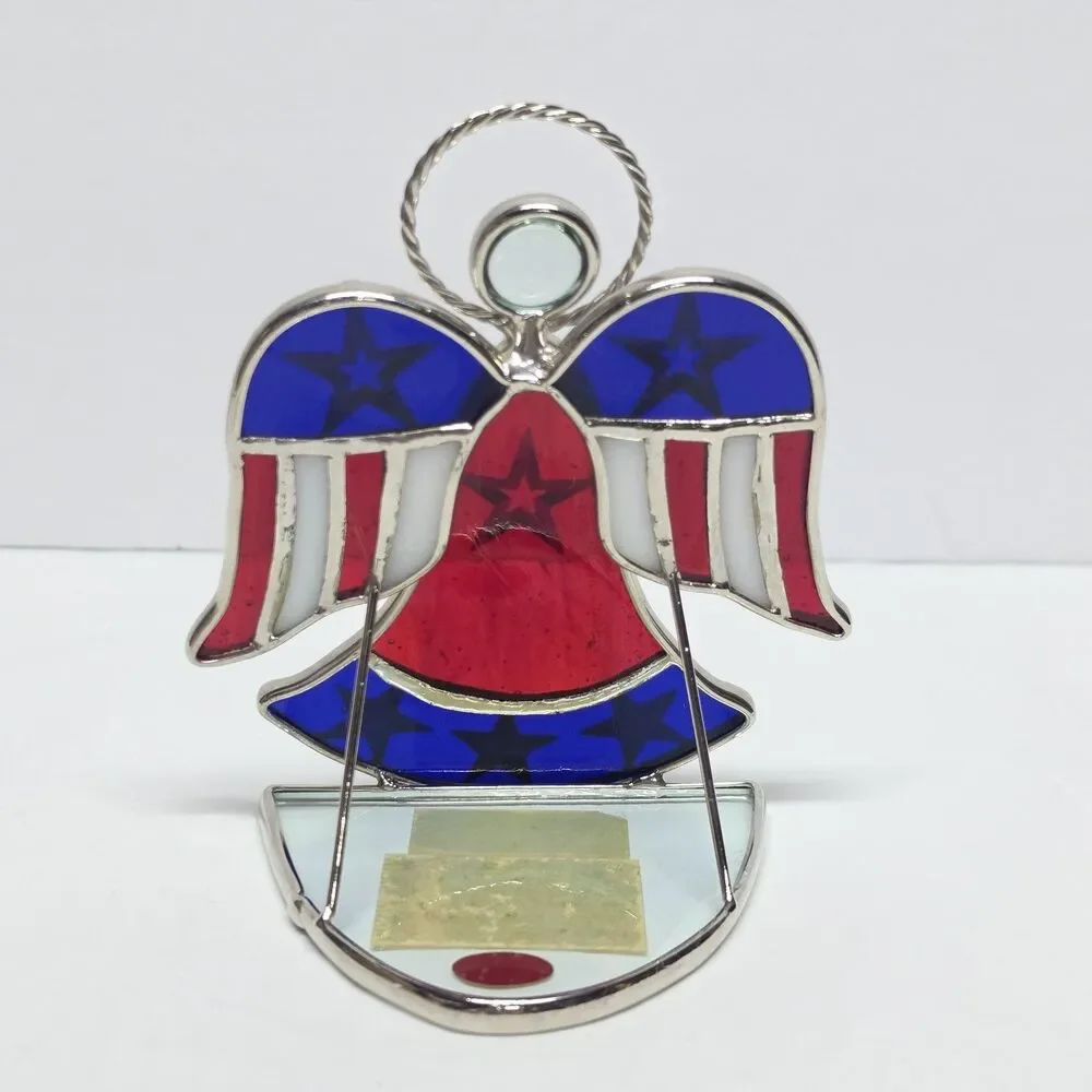Vintage Stained Glass American Flag Angel Patriotic Tea Light Candle Holder